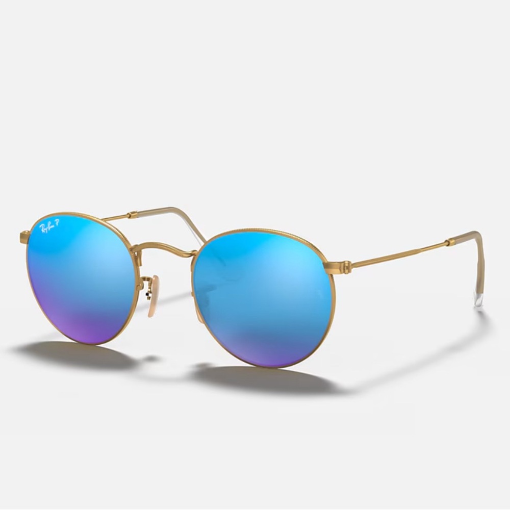 Ray-Ban Gold Frame with Blue Lenses Round Flash